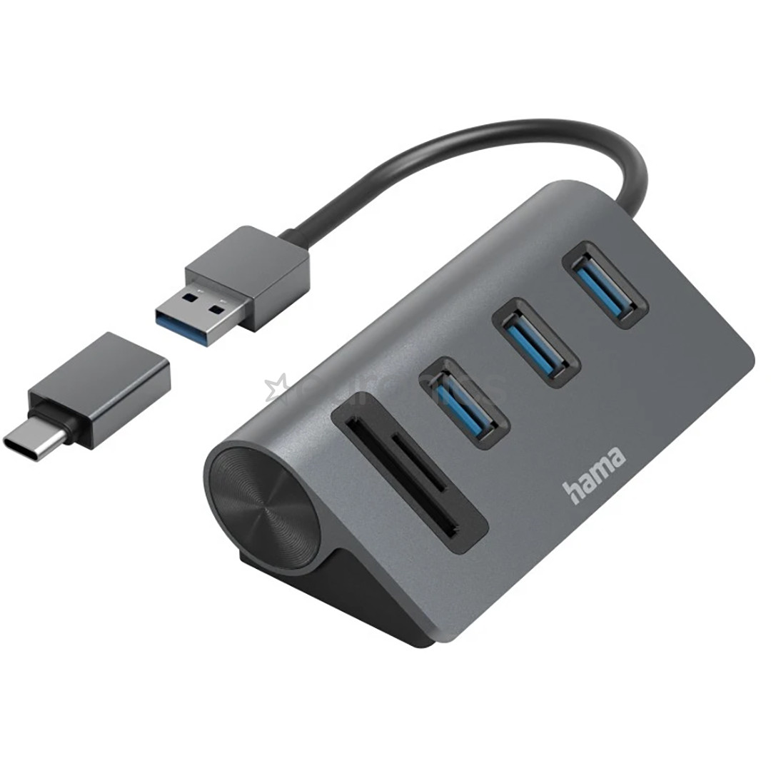 Hama USB Hub, 3x USB-A 3.2 Gen 1, SD, microSD, USB-C Adapter, melna/pelēka - Adapteris