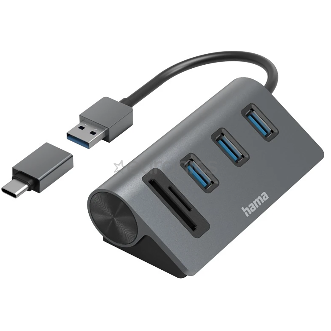 Hama USB Hub, 3x USB-A 3.2 Gen 1, SD, microSD, USB-C Adapter, melna/pelēka - Adapteris