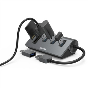 Hama USB Hub, 3x USB-A 3.2 Gen 1, SD, microSD, USB-C Adapter, melna/pelēka - Adapteris
