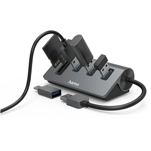 Hama USB Hub, 3x USB-A 3.2 Gen 1, SD, microSD, USB-C Adapter, melna/pelēka - Adapteris