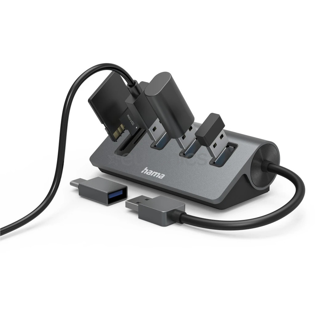 Hama USB Hub, 3x USB-A 3.2 Gen 1, SD, microSD, USB-C Adapter, melna/pelēka - Adapteris