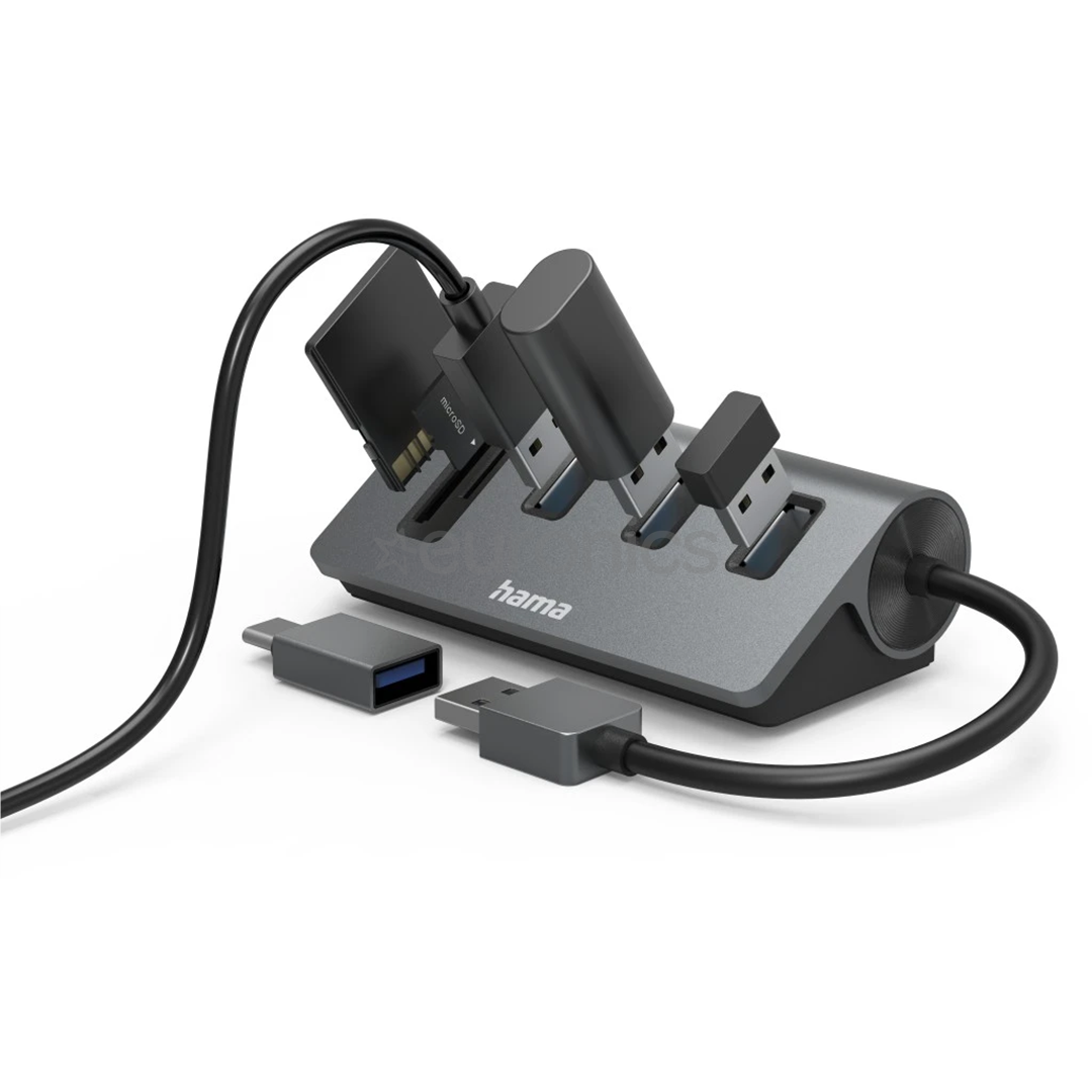 Hama USB Hub, 3x USB-A 3.2 Gen 1, SD, microSD, USB-C Adapter, melna/pelēka - Adapteris