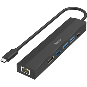 Hama USB-C Hub, 3x USB-A 3.2 Gen 1, USB-C, HDMI, LAN, melna - Adapteris