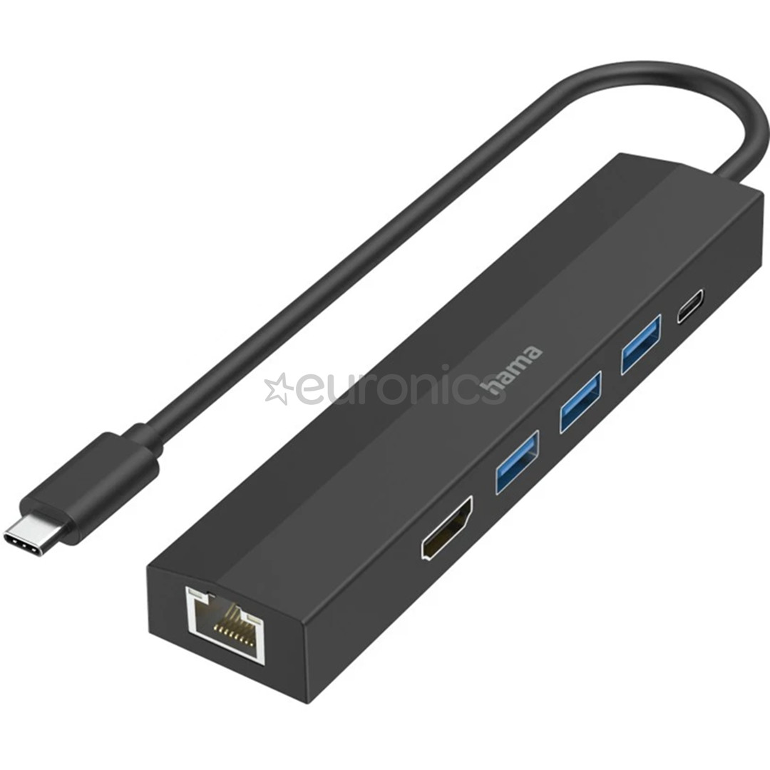 Hama USB-C Hub, 3x USB-A 3.2 Gen 1, USB-C, HDMI, LAN, melna - Adapteris