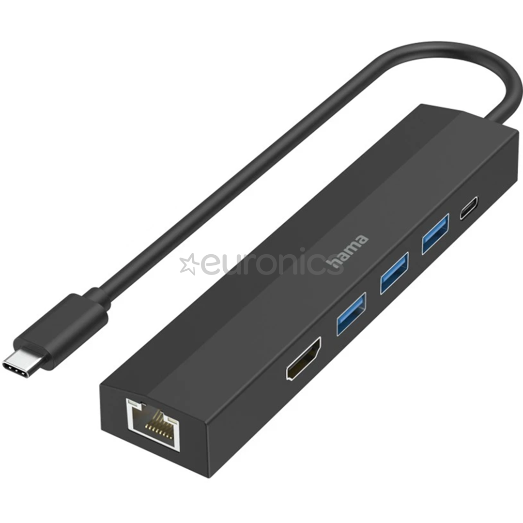 Hama USB-C Hub, 3x USB-A 3.2 Gen 1, USB-C, HDMI, LAN, melna - Adapteris