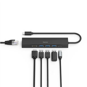 Hama USB-C Hub, 3x USB-A 3.2 Gen 1, USB-C, HDMI, LAN, melna - Adapteris