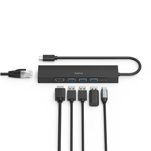 Hama USB-C Hub, 3x USB-A 3.2 Gen 1, USB-C, HDMI, LAN, melna - Adapteris
