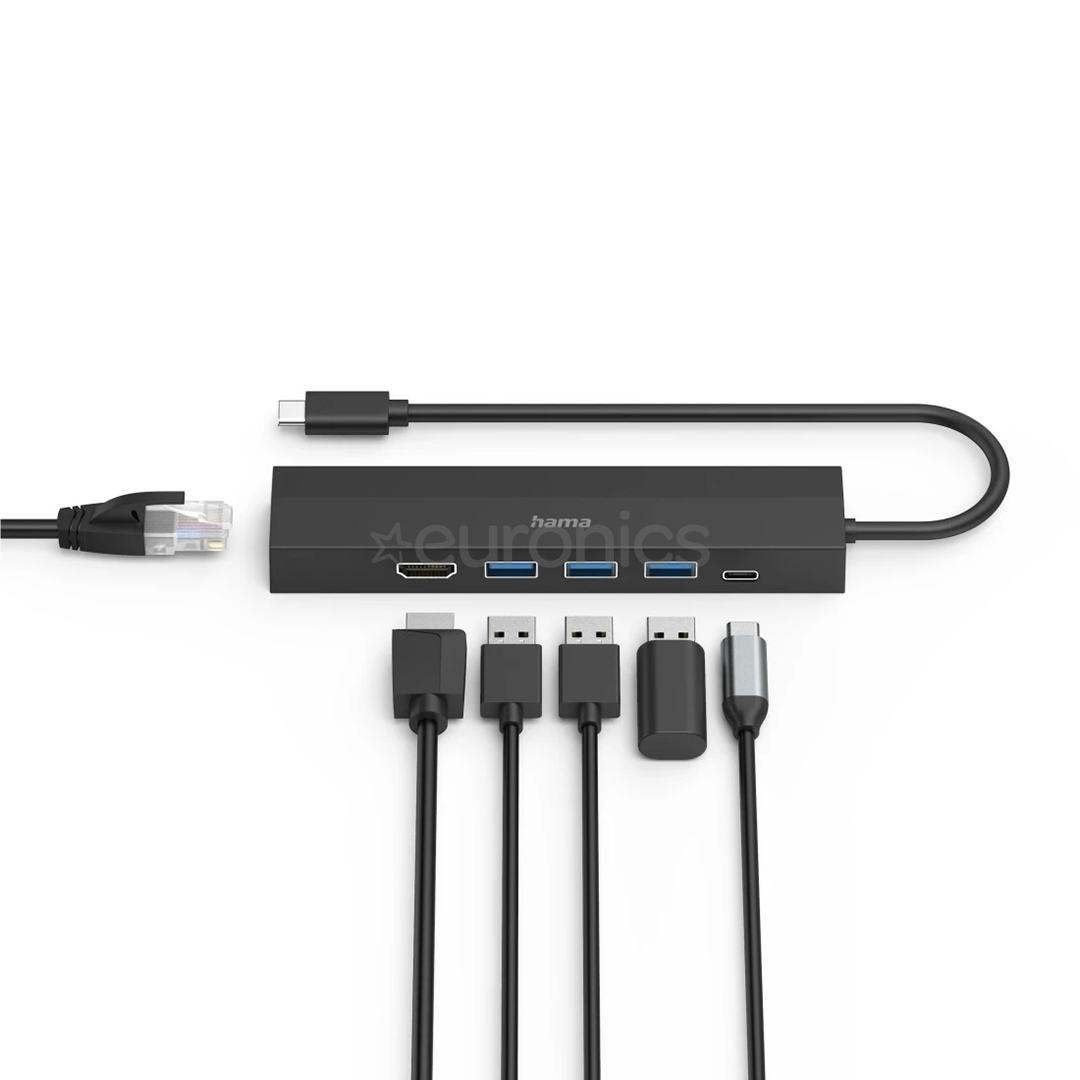 Hama USB-C Hub, 3x USB-A 3.2 Gen 1, USB-C, HDMI, LAN, melna - Adapteris