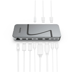 Hama Connect2Office Speed, USB-C, 10 ports, USB4, 140 W, pelēka - Portatīvā datora dokstacija