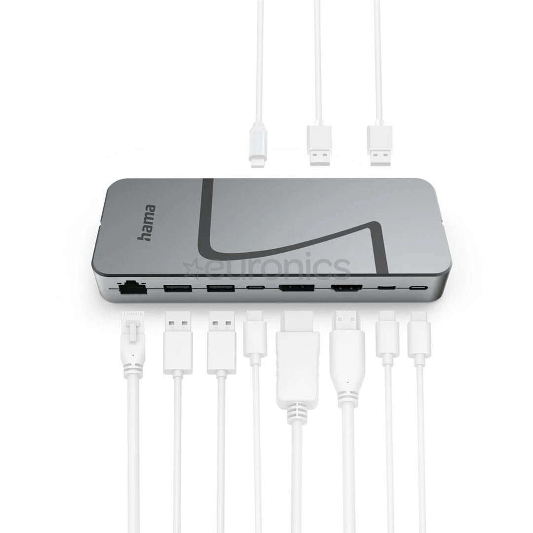 Hama Connect2Office Speed, USB-C, 10 ports, USB4, 140 W, pelēka - Portatīvā datora dokstacija