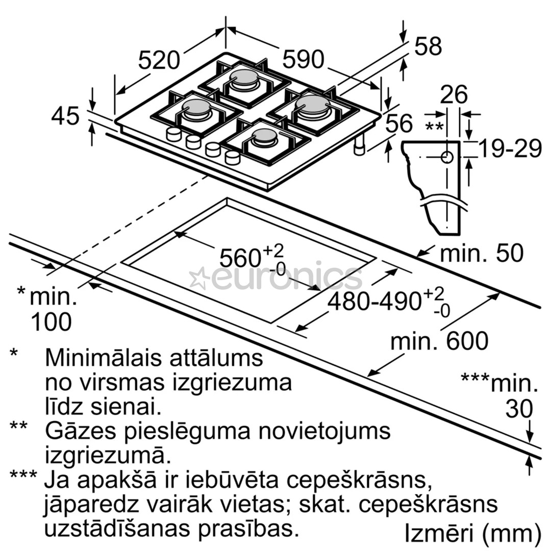 Bosch, Series 8, platums 59 cm, melna - Iebūvējama gāzes plīts virsma