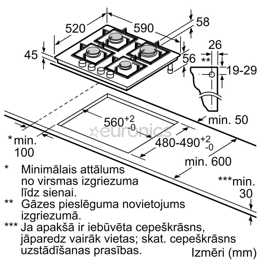 Bosch, Series 8, platums 59 cm, melna - Iebūvējama gāzes plīts virsma