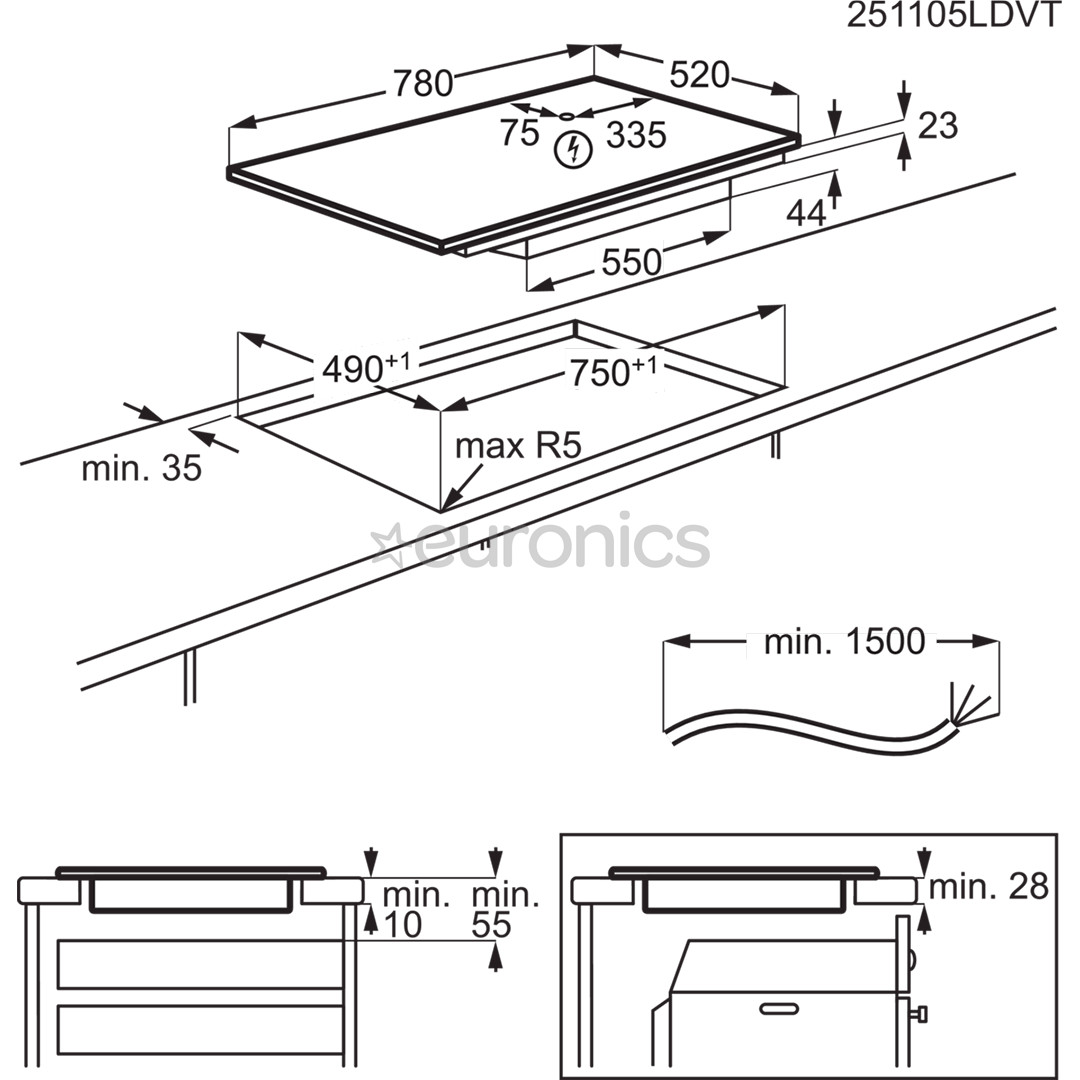 Electrolux 700 Series SenseBoil Hob2Hood, platums 80 cm, melna - Iebūvējama indukcijas plīts virsma