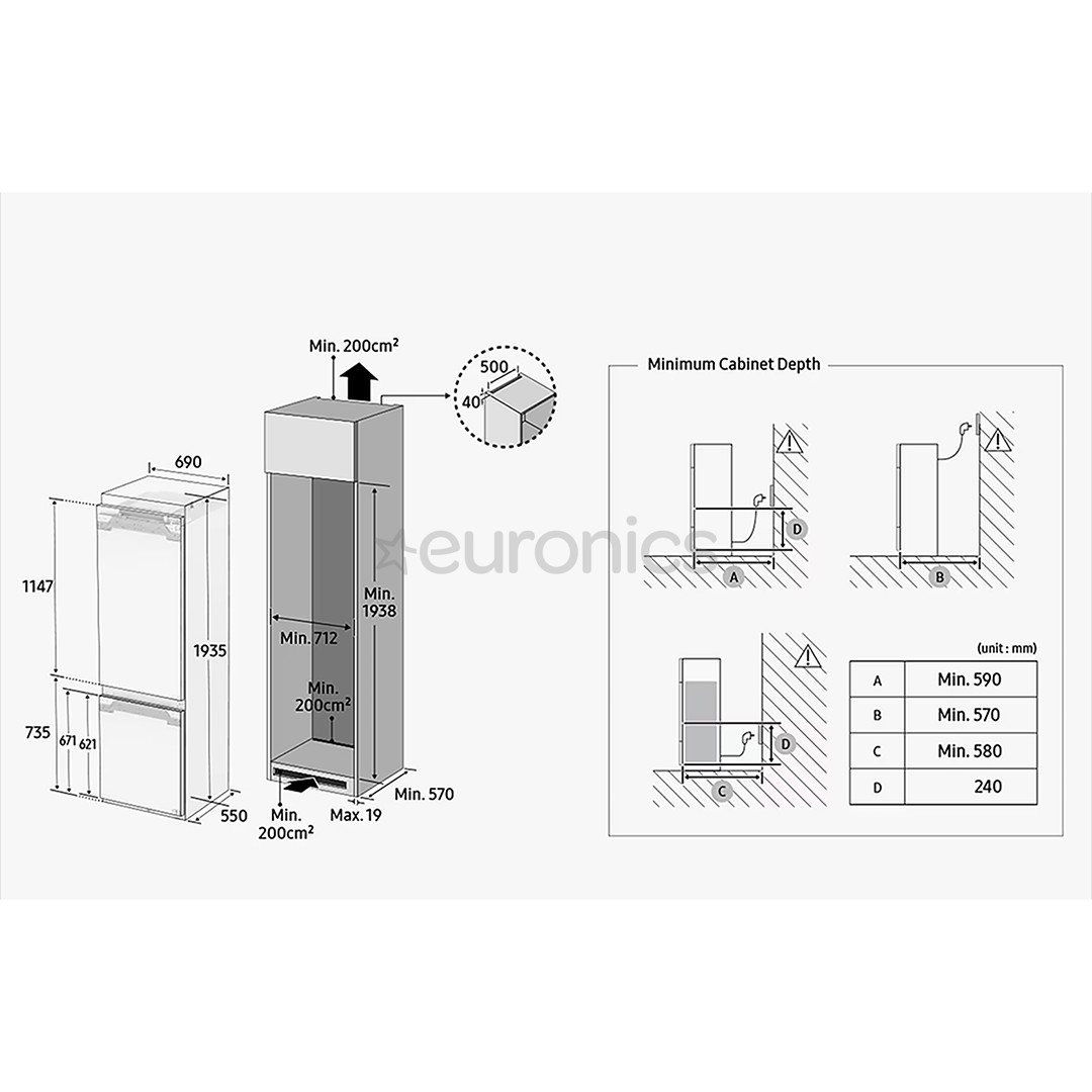 Samsung, NoFrost, 389 л, высота 194 см - Интегрируемый холодильник