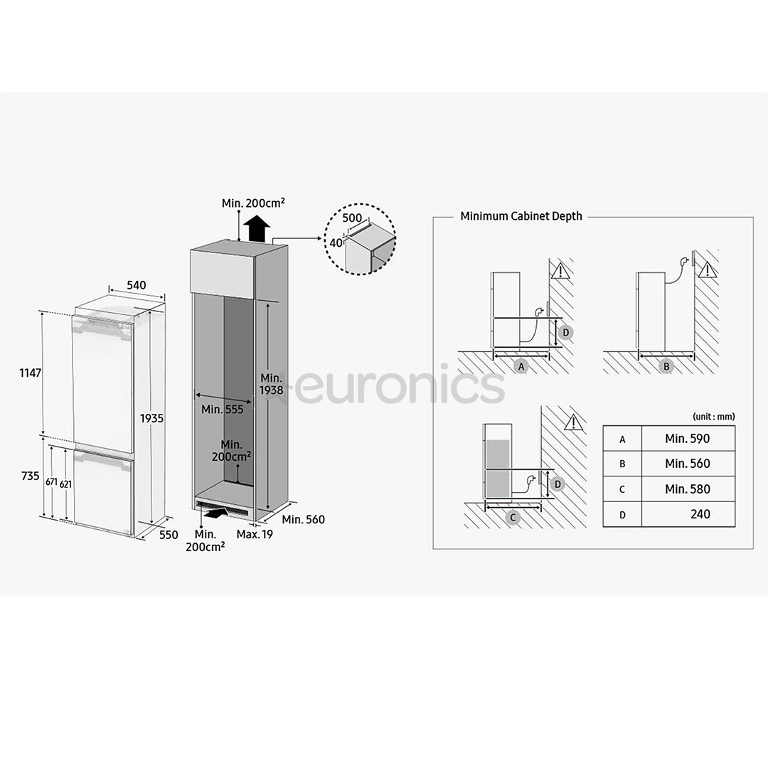 Samsung, NoFrost, 298 L, augstums 194 cm - Iebūvējams ledusskapis