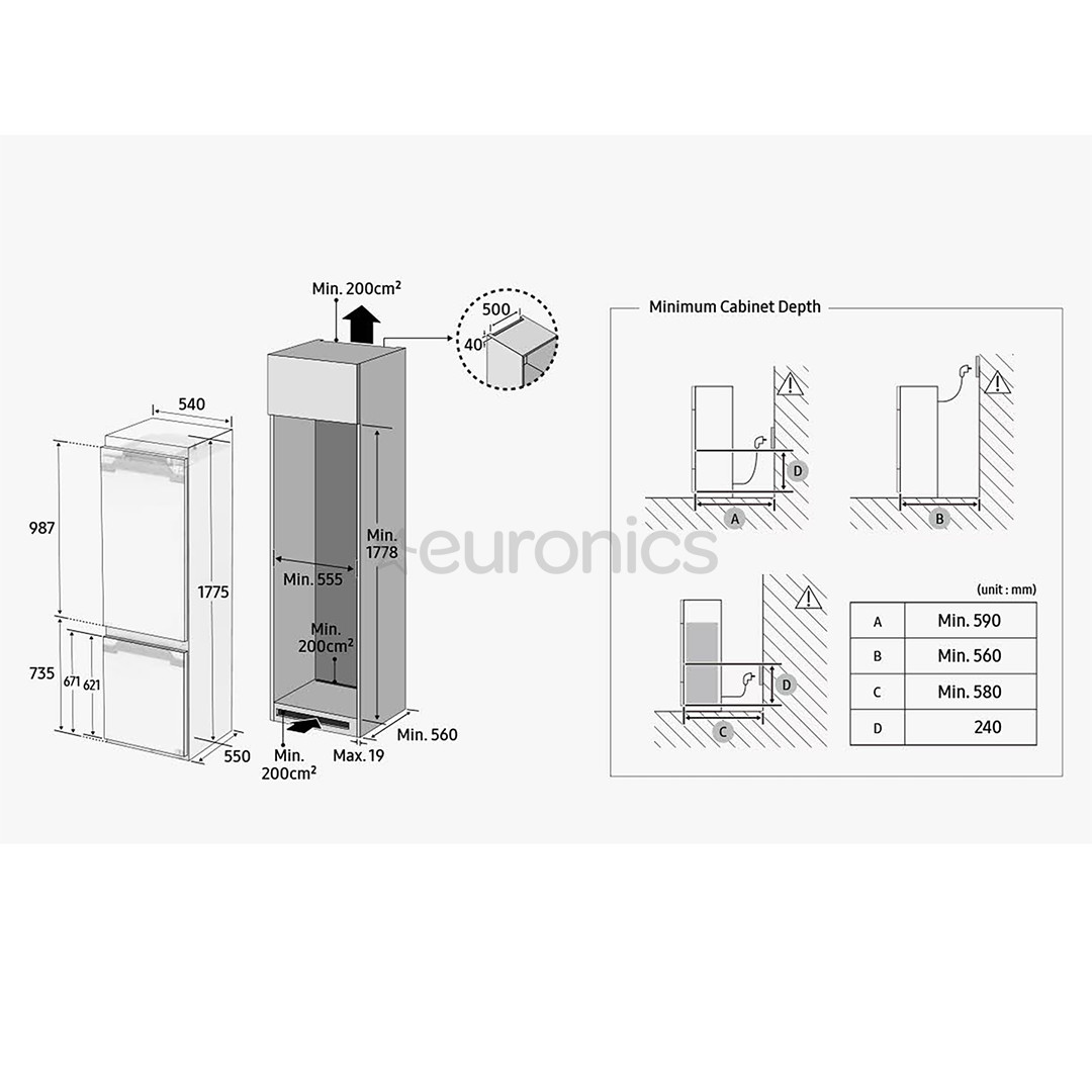 Samsung, NoFrost, 264 L, augstums 178 cm - Iebūvējams ledusskapis