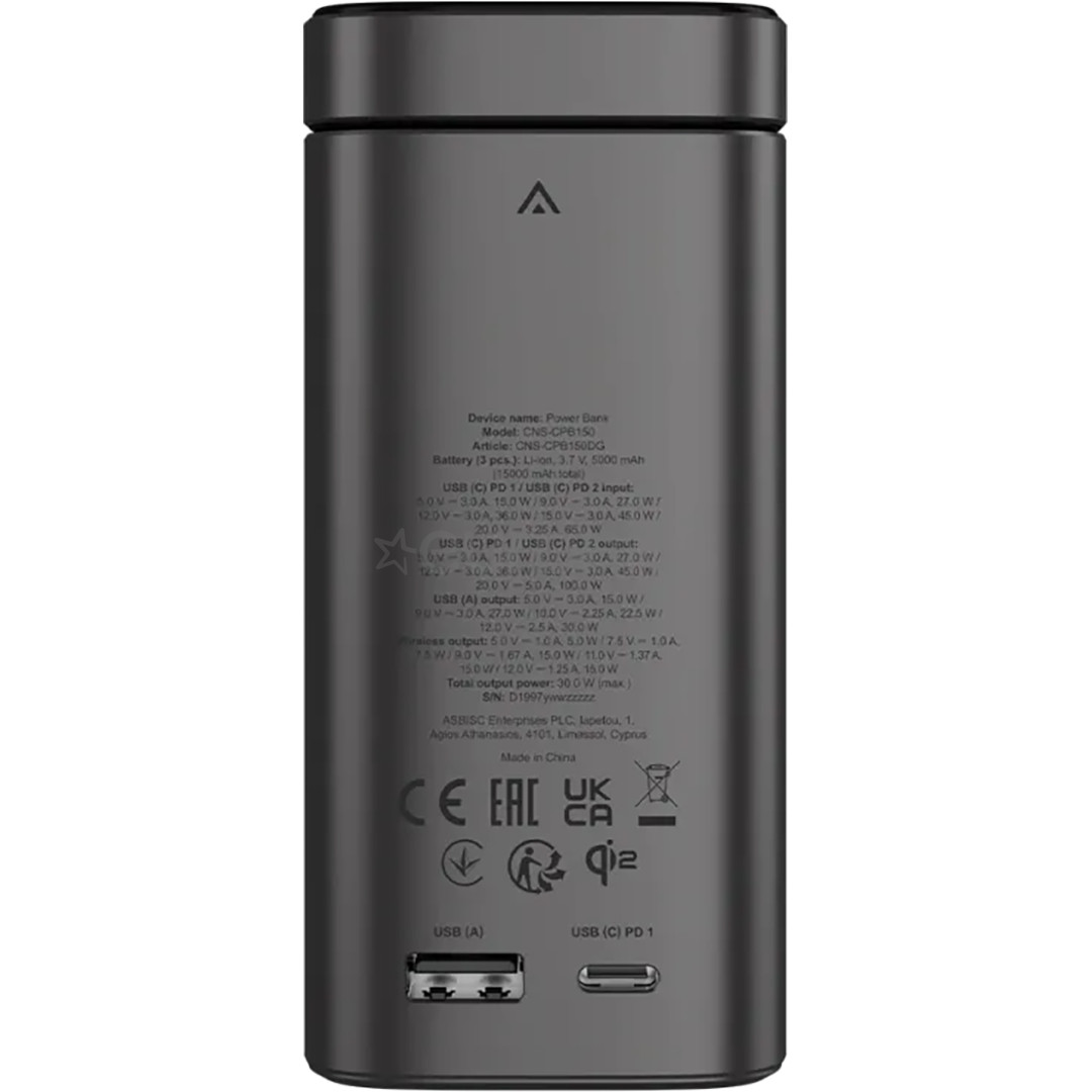 Canyon OnPower 150, 15 000 mAh, USB-A, USB-C, Qi2, dark gray - Power bank