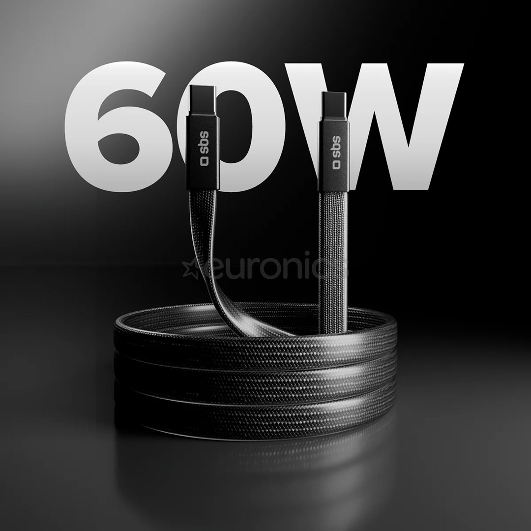 SBS Slim charging and data cable, 60 W, 1 m, USB-C, black - Cable
