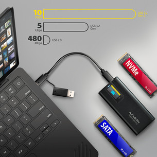 Axagon EEM2-SD2B, USB-C, 10Gbps, M.2 NVMe & SATA, melna - SSD diska korpuss