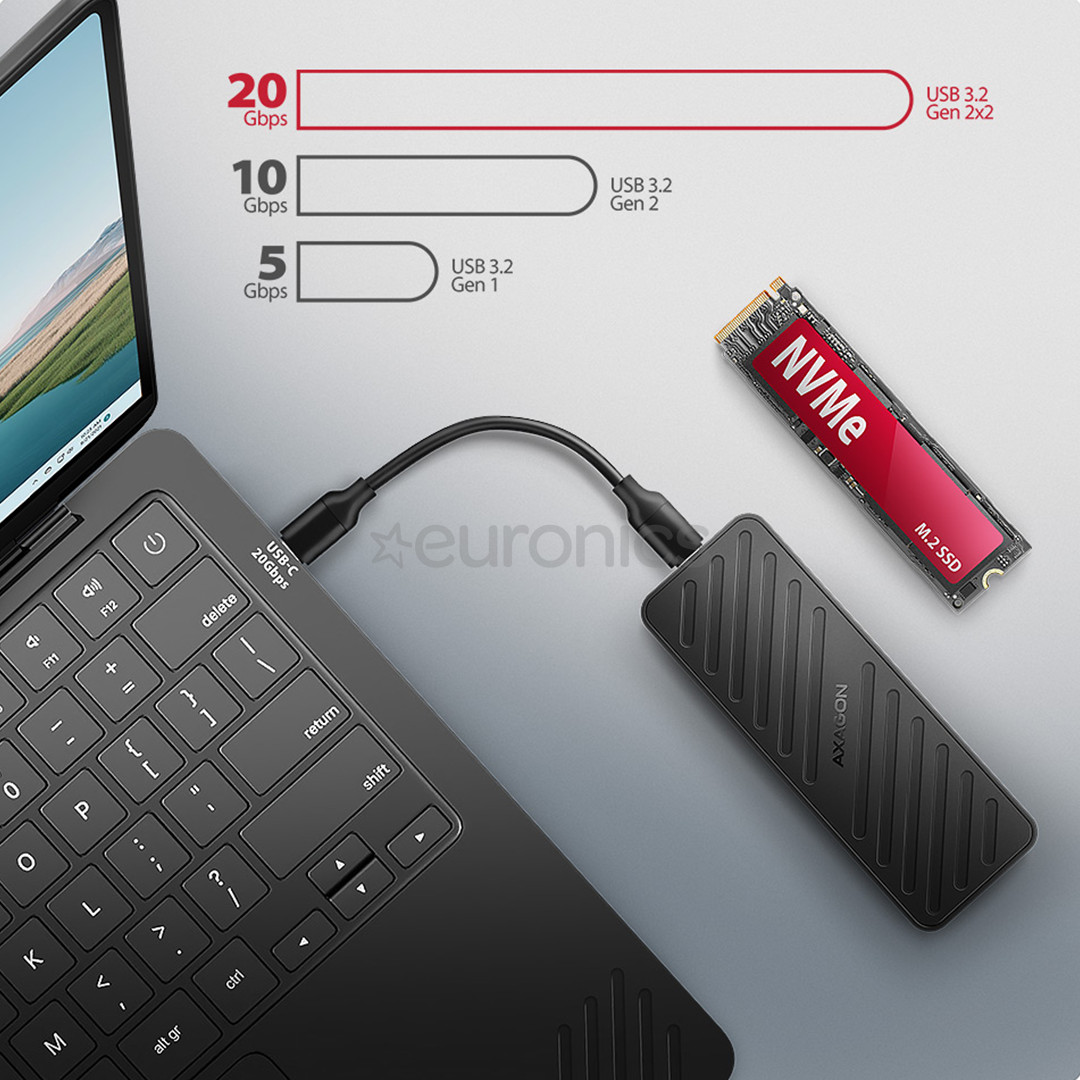 Axagon EEM2-20G, USB-C, 20Gbps, M.2 NVMe, melna - SSD diska korpuss