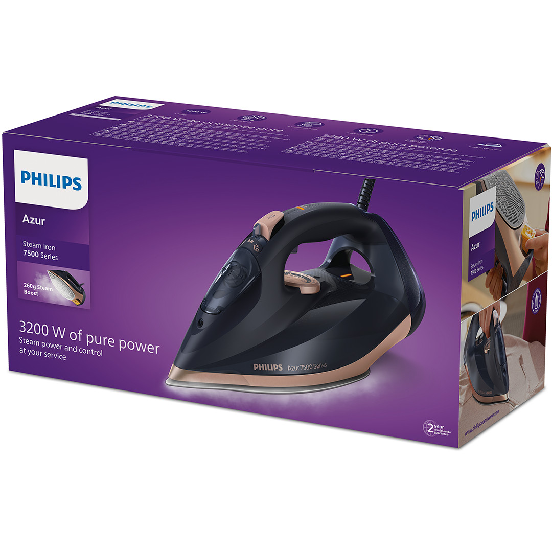 Philips Azur 7500 Series, 3200 Вт, синий/золотистый - Паровой утюг