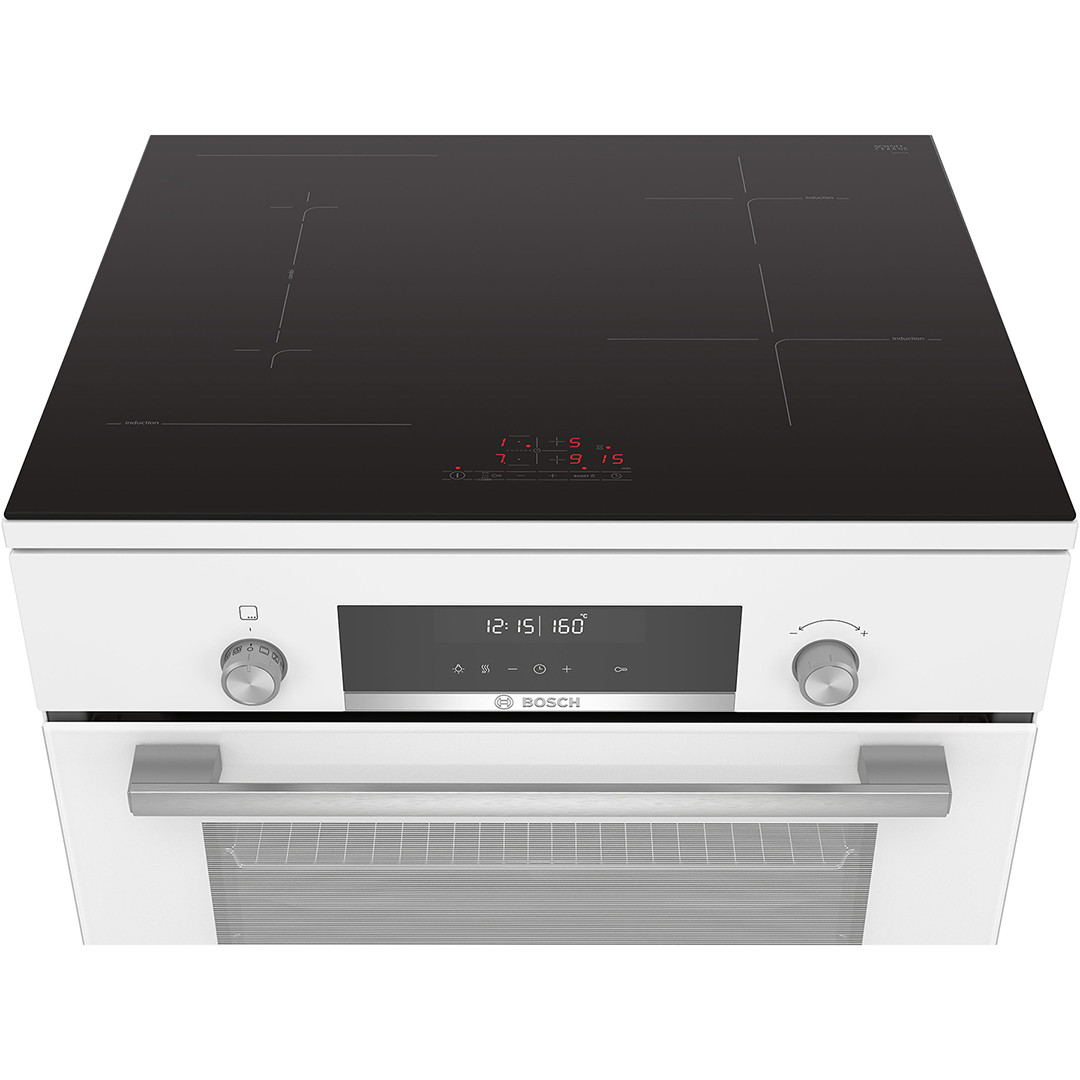 Bosch, Series 6, 63 L, pirolītiskā tīrīšana, platums 60 cm, balta - Elektriskā plīts ar indukcijas virsmu