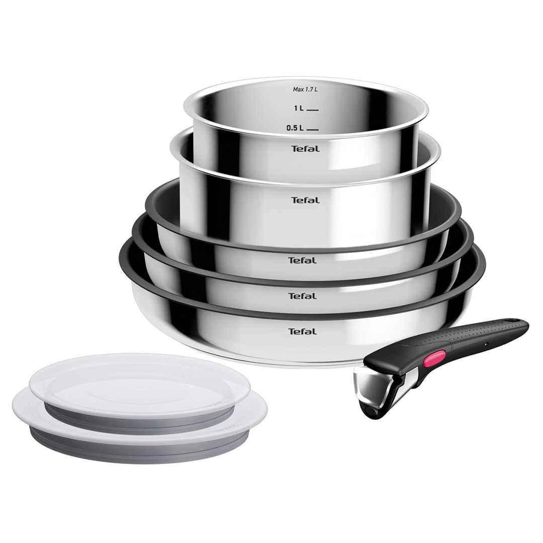 Tefal Ingenio Cook Eat, 8 priekšmeti, nerūsējošā tērauda - Katlu un pannu komplekts ar vākiem + noņemams rokturis