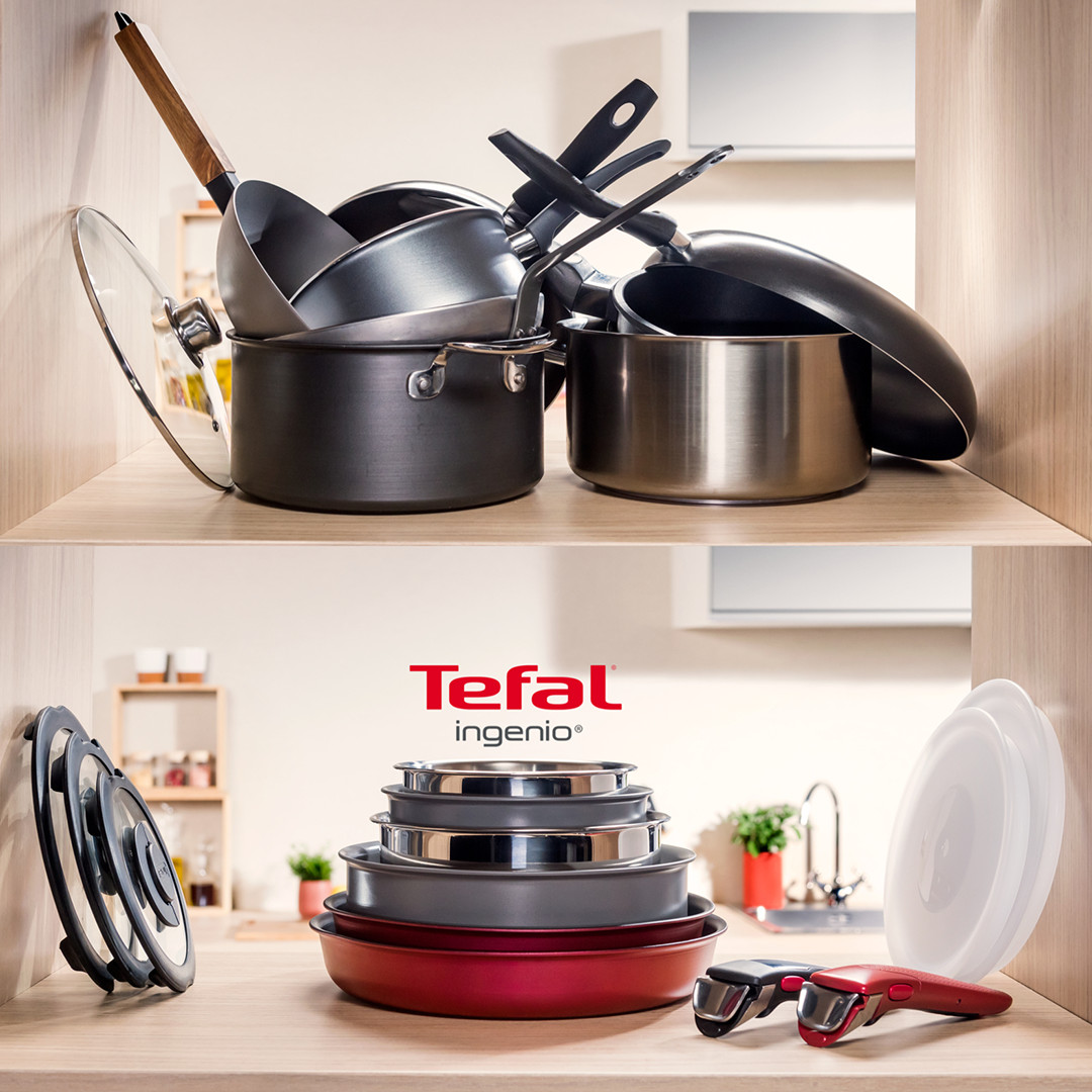 Tefal Ingenio Cook Eat, 8 priekšmeti, nerūsējošā tērauda - Katlu un pannu komplekts ar vākiem + noņemams rokturis