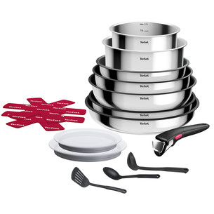 Tefal Ingenio Cook Eat, 15 priekšmeti, nerūsējošā tērauda - Katlu un pannu komplekts ar vākiem + noņemams rokturis L881SF04